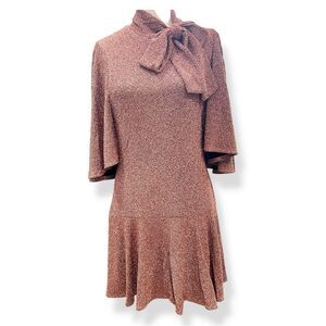 Black Halo Coralia Mini Dress Copper Zest Metallic Bow Neck Flounce Hem 12 NWT